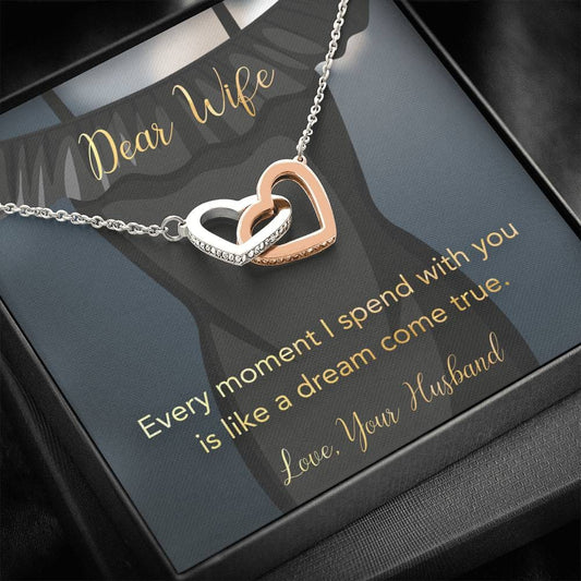Dear Wife Interlocking Hearts Pendant - Lighted Mahogany Style Box Option!