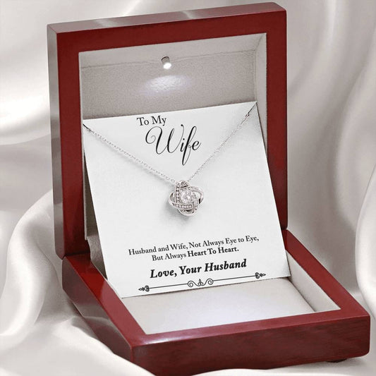 To My Wife - Heart To Heart - Love Knot Necklace - Lighted Mahogany Style Box Option