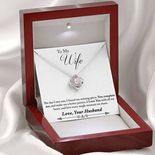 To My Wife - Complete Me - Love Knot Necklace - Lighted Mahogany Style Box Option