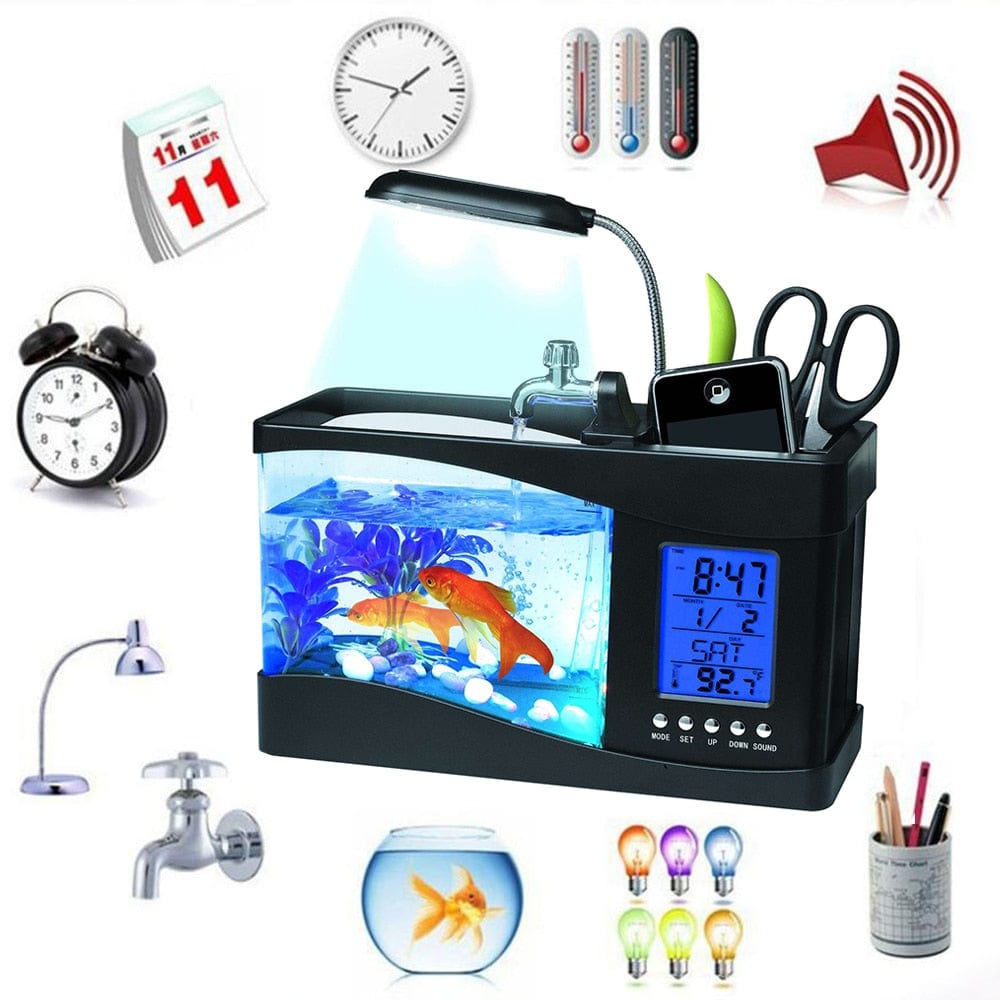 LED Desktop Fish Tank Aquarium with Display Screen and Clock