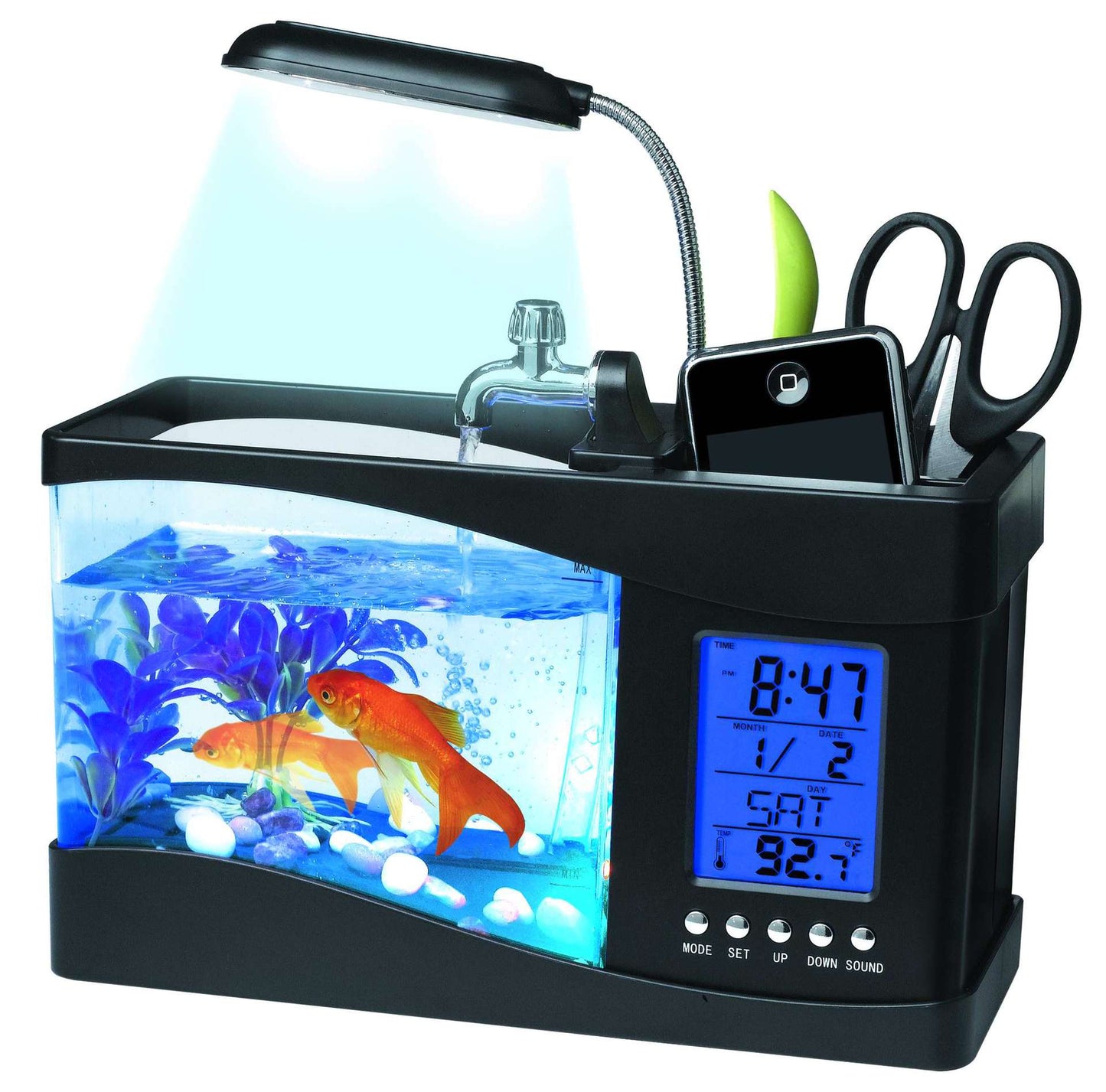 LED Desktop Fish Tank Aquarium with Display Screen and Clock