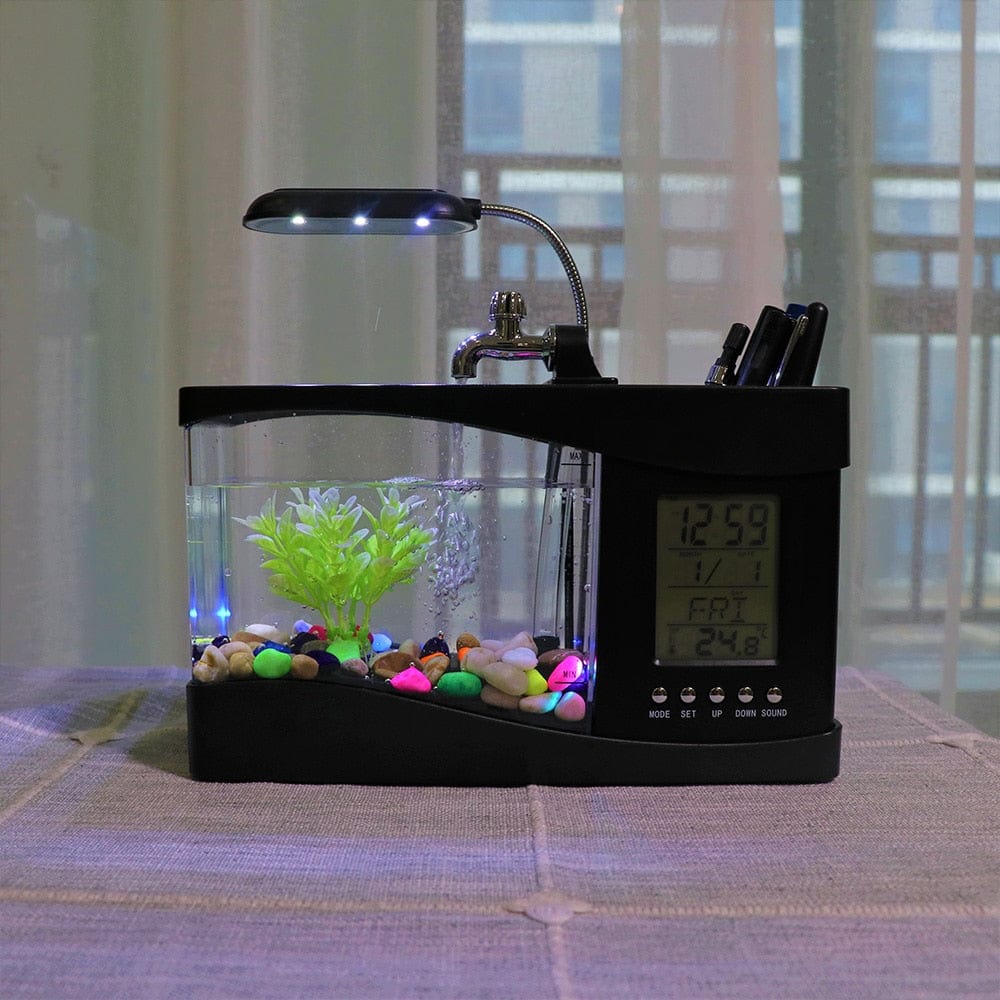 LED Desktop Fish Tank Aquarium with Display Screen and Clock