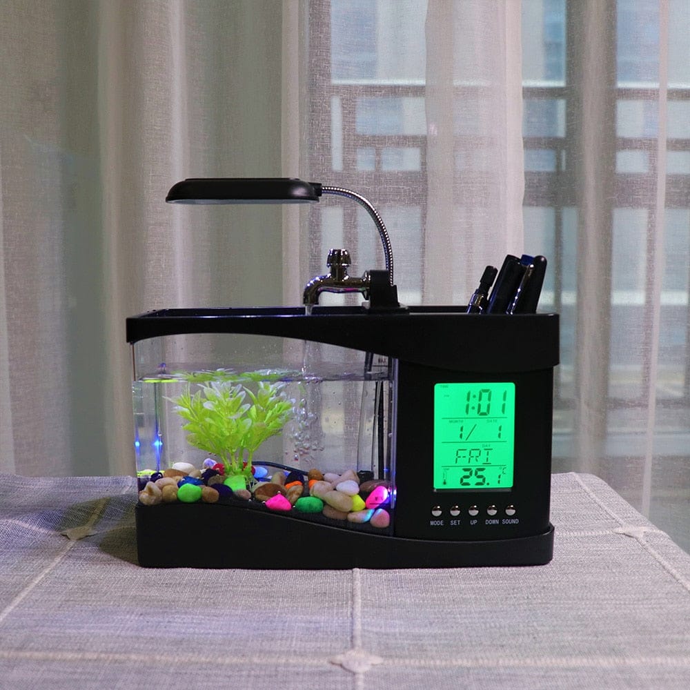 LED Desktop Fish Tank Aquarium with Display Screen and Clock